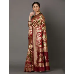 Mitera Maroon & Gold-Coloured Silk Blend Woven Design Kanjeevaram Saree image 3