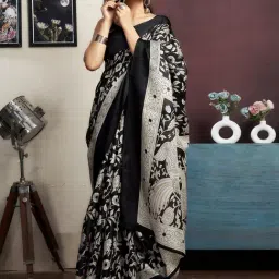 Satrani Black Silk Blend Floral Saree With Unstitched Blouse image 4