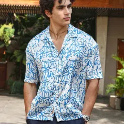 Campus Sutra White & Blue Satin Loose Fit Printed Shirt-image-52