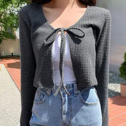 Outzidr Self Design Tie Up Long Sleeves Shrug-picture-25