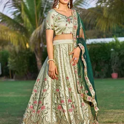 KALINI Embroidered Thread Work Satin Semi-Stitched Lehenga & Blouse With Dupatta image 2