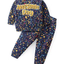 Babyhug 100% Cotton Terry Knit Full Sleeves T-Shirt and Lounge Pant Text Print - Blue-picture-17