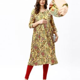 Bella Mama Woven Three Fourth Sleeves Embroidery Detailing With Highlighted Yoke Maternity Kurta - Yellow-picture-13