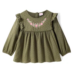 Babyhug Rayon Woven Full Sleeves Top with Floral Embroidery & Frill Detailing - Olive Green-picture-19