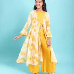 Pine Kids Viscose Woven Embroidered Top and Palazzo with Full Sleeves Tie Dye Shrug - Yellow-picture-10