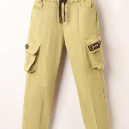 Olio Kids Cotton Woven Full Length Trouser With Cargo Pockets Text Print - Tan-picture-20