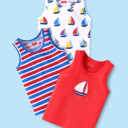 Babyhug 100% Cotton Knit Sleeveless Sando Vests With Boat Print Pack of 3 - Red Blue & White-picture-27