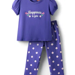Babyhug Cotton Knit Puffed Sleeves Night Suit with Happiness Is You Text Print - Voilet-picture-21
