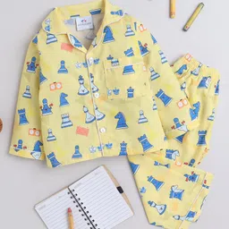 Knitting Doodles Pure Cotton Woven Full Sleeves Chess Pieces Printed Coordinating Night Suit Set - Yellow-picture-18