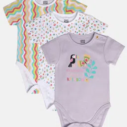 MINI KLUB Cotton Pack Of 3 Half Sleeves Floral & Toucan Printed Onesies - Lavender & White-image-22