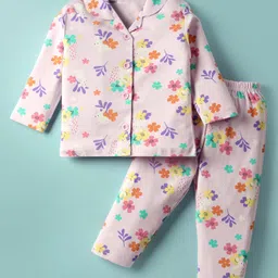 Little Darlings Interlock Knit Full Sleeves Front Open Floral Printed Co-Ords Night Suit Set - Lilac-picture-26