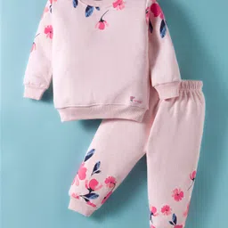 Little Darlings Fleece Knit Full Sleeves Winter Wear T-Shirt & Lounge Pant Set With Floral Print - Pink-picture-11
