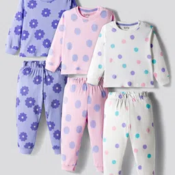 Bonfino 100% Cotton Knit Full Sleeves Co-ords Night Suit With Floral Print Pack of 3 - Lavender Light Pink & White-picture-16