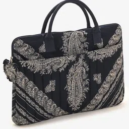 Boho girl Secret Garden Laptop Sleeve Handbag Embroidered Floral Jacquard Office Bag with Bow & Pocket Teal Blue | 15"-image-24