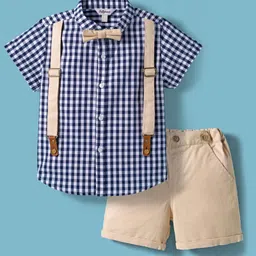 Toffy House Cotton Knit Half Sleeves Shirt with Suspenders Attached & Shorts Set with With Bow & Checks - Blue & Tan-image-90
