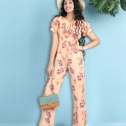 Cutiekins Woven Half Sleeves Floral Printed Jumpsuit - Peach-picture-25