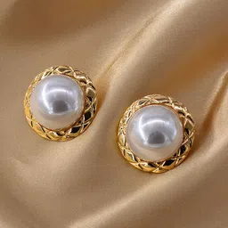 KRENOZ Gold-Plated Pearls Studded Circular Shaped Textured Rim Studs-picture-31