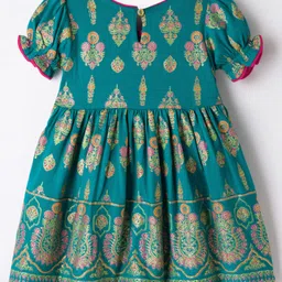 EARTHY TOUCH Single Jersey Knit Half Puffed Sleeves Floral Glitter Printed Ethnic Dress - Teal Blue image 2