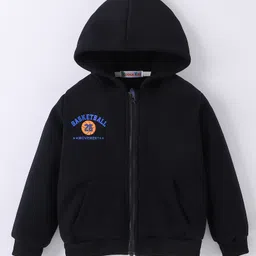 Kookie Kids Full Sleeves Text Printed Hooded Sweatjacket with Kangaroo Pockets - Black image 3