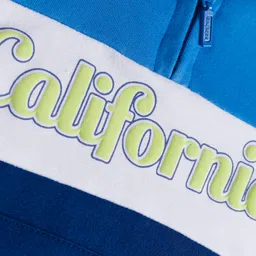 Babyhug Cotton Knit Full Sleeves Front Open Hooded Sweatshirt with California Text Print - Navy Blue & Blue image 4