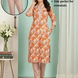 DUMMY SHAPE Women Floral Printed Regular Pure Cotton Kurta with Trousers image 3