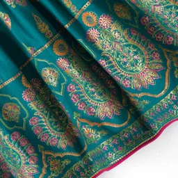 EARTHY TOUCH Single Jersey Knit Half Puffed Sleeves Floral Glitter Printed Ethnic Dress - Teal Blue image 4
