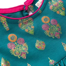 EARTHY TOUCH Single Jersey Knit Half Puffed Sleeves Floral Glitter Printed Ethnic Dress - Teal Blue image 5