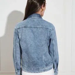 Miss Chase Light Blue Cotton Solid Long Sleeves Jacket image 2