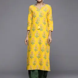 Varanga Yellow Cotton Floral Print Straight Kurta-picture-12