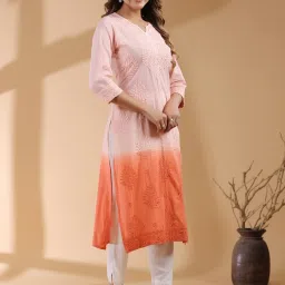 Janasya Peach Cotton Embroidered Kurta image 4