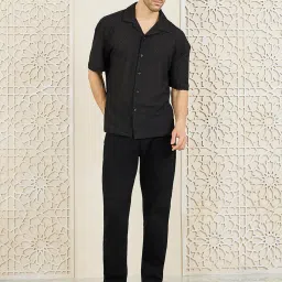 Styli Black Cotton Regular Fit Self Pattern Shirt image 4