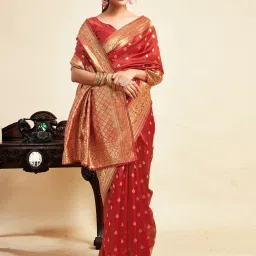 Satrani Red Silk Blend Woven Saree With Unstitched Blouse image 4