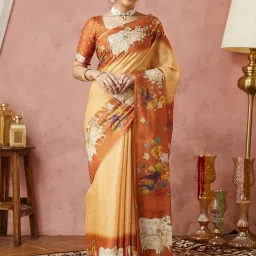 Satrani Yellow Cotton Silk Printed Saree With Unstitched Blouse image 4