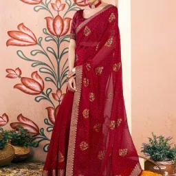 Satrani Red Georgette Embroidered Saree With Unstitched Blouse image 4