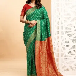 Satrani Green Silk Blend Woven Saree With Unstitched Blouse image 4