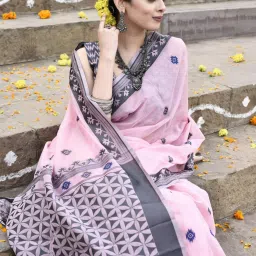 Elora Pink Cotton Woven Saree With Unstitched Blouse image 4