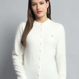 Monte Carlo Women's Off White Solid Round Neck Full Sleeve Cardigan-picture-37