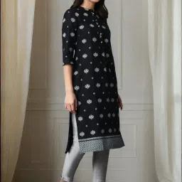 W Black Cotton Printed Straight Kurta image 4