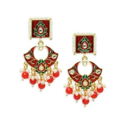 OOMPH Red Maroon Ethnic Meenakari Lotus Design Dangler Earrings image 4