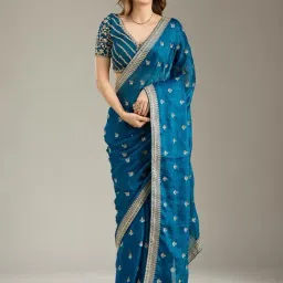 Koskii Peacock Blue Zariwork (Gold) Tissue Saree-picture-27