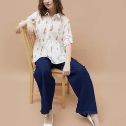 Colour Me By Melange Off White Cotton Regular Fit Printed Top image 4