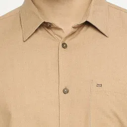 Basics Khaki Cotton Slim Fit Texture Shirt image 4