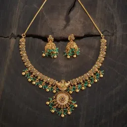 Kushal's Fashion Jewellery Green Polished Antique Necklace & Earring Set-image-97