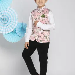 VASTRAMAY Kids White & Pink Floral Print Nehru Jacket image 3