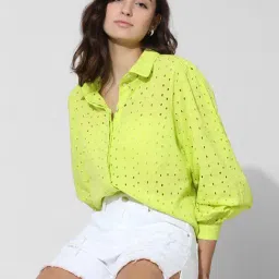 Only Light Green Cotton Self Design Shirt-image-89
