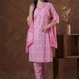 FASHOR Floral Printed V Neck Pure Cotton Straight Kurta & Trousers With Dupatta-picture-3