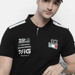 The Indian Garage Co Men Black & White Typography Printed Polo Collar Slim Fit T-shirt-image-33