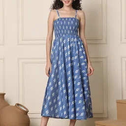 Aawari Women Floral Print Smocked Fit & Flare Midi Dress-image-62