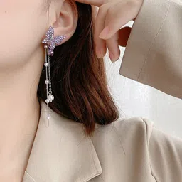 Zaphariq Silver Plated Cubic Zirconia Studded & Beaded Butterfly Korean Drop Earrings image 4