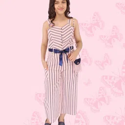 Cutecumber Sleeveless Double Striped Front Tie Up Designed Jumpsuit With Coordinating Sling Bag - Pink image 1